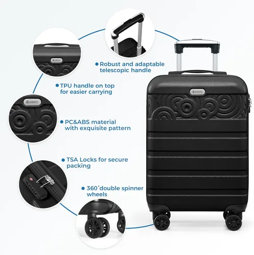 Vista 3 de Krute Equipaje con ruedas giratorias Maleta rígida PC ABS TSA Lock Ligero, Negro