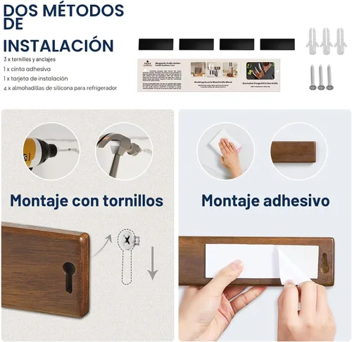 Vista 8 de Soporte magnético para cuchillos para pared, tira de cuchillos de madera de acacia de 10 pulgadas, sin taladro