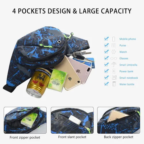 Vista 4 de Riñonera para hombres y mujeres, multifunción, resistente al agua, cinturón ajustable, para caminar y correr, Azul Patchwork, Clásico
