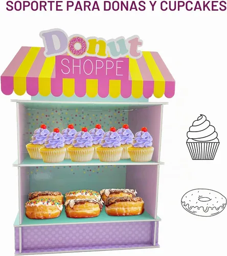 Vista 7 de Soporte de dona de 2 niveles para suministros y decoraciones de fiesta de cumpleaños, soporte para cupcakes, decoración de mesa de postre 4E's