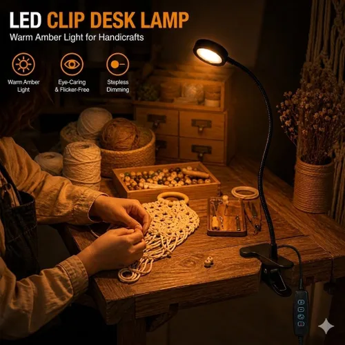 Vista 5 de Lámpara de escritorio USB con clip con 3 modos de color, brillo ajustable, cuello de cisne, temporizador de 1 minuto, luz de libro para leer libro