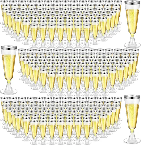 Vista 10 de Gerrii 300 copas de champán de plástico a granel, copas de champán desechables transparentes de 4.5 onzas, vasos de tostado con borde para boda