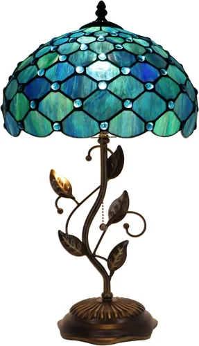 Vista 8 de Tiffany Table Lamp, Stained Glass Desk Light, W12H19 Inch, Metal Leaf Base (Sea Blue Pearl Style)