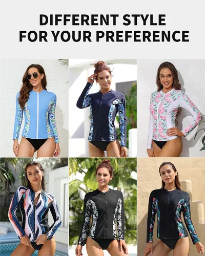 Vista 5 de ATTRACO Rashguard o Camiseta de surf para mujer con cremallera frontal, protección solar UPF 50+