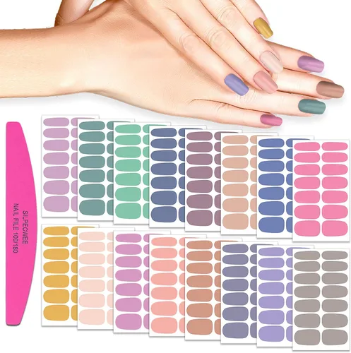 Vista 9 de 16 hojas de envolturas de uñas negras adhesivas en tiras de esmalte de uñas, tiras de gel autoadhesivas, calcomanías de esmalte de uñas sólidas