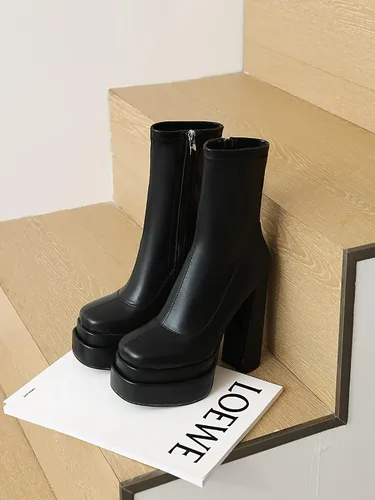 Vista 8 de vivianly Botas de plataforma a media pantorrilla para mujer, con punta cuadrada, tacón grueso, botines con cremallera lateral Chelsea