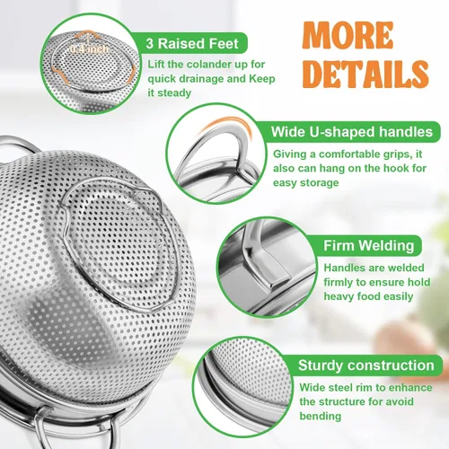 Vista 4 de P&P CHEF Colador de acero inoxidable de 3 cuartos de galón, colador de metal microperforado para alimentos de cocina, ideal para enjuagar, lavar