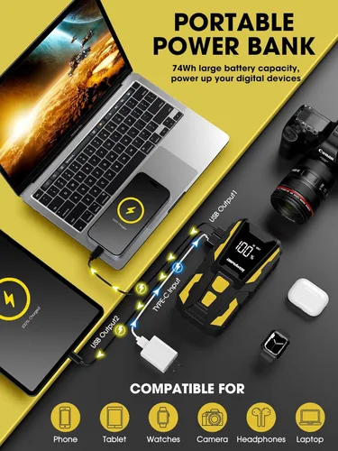 Vista 3 de DBPOWER Arrancador de 5000 A, arrancador de batería de coche de 74 Wh para motores de hasta 10,0 L de gasolina y 8,0 L de diésel, paquete de batería