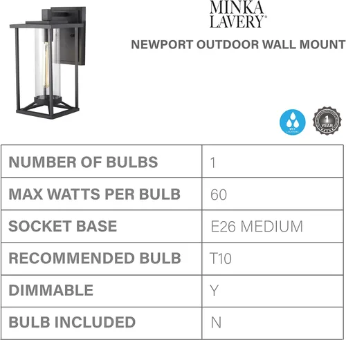 Vista 3 de Minka Lavery Farmhouse 72472-66 Trescott - Farol de pared exterior para exteriores, 1 luz de 60 vatios, color negro