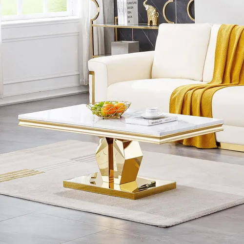 Vista 18 de Mesa de centro de mármol negro Henf de lujo, mesa auxiliar rectangular de mármol sintético de imitación con base de acero inoxidable dorado