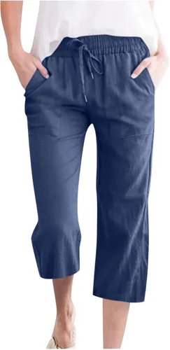 Vista 12 de Ceboyel Pantalones capri para mujer para verano, cintura elástica, pantalones de yoga, con cordón, pantalones de lino, pantalones de entrenamiento