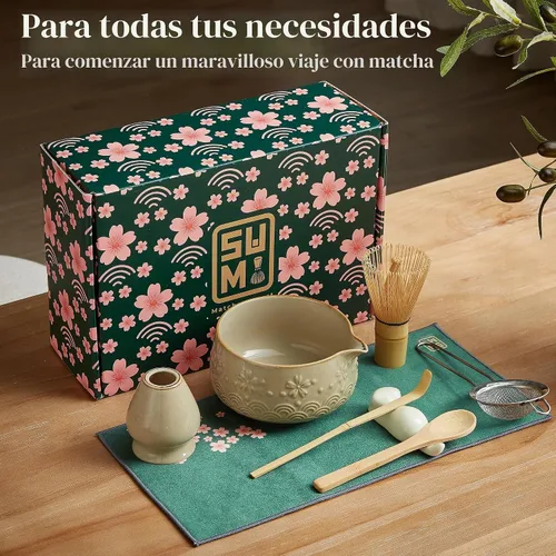 Vista 2 de Juego de 9 batidores Matcha – Juego de té Matcha con cuenco de cerámica matcha, batidor de bambú (Chasen), cuchara, tamiz Kit Matcha para Verde