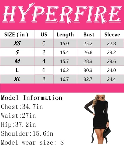 Vista 7 de HYPERFIRE Minivestido ajustado de malla con volantes y manga larga con cuello redondo y espalda abierta para mujer