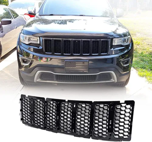 Vista 9 de Astra Depot Compatible con 2014 2015 2016 Jeep Grand Cherokee Kit de insertos de cubierta de rejilla de 7 piezas, negro brillante