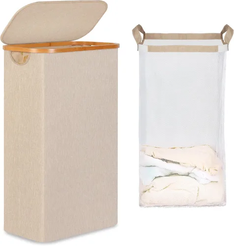 Vista 16 de iEGrow - Cesta de lavandería delgada de 65L, cesta de lavandería estrecha con tapa, cesta de ropa plegable con asas de bambú, cesta de lavandería