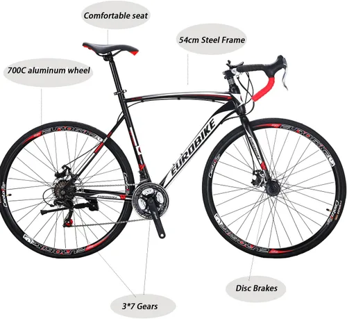 Vista 2 de EUROBIKE Bicicleta de carretera,Ruedas 700C Frenos de disco de 21 velocidades,Bicicleta para hombre o mujer,Marco de 21.3 in/19.3 in