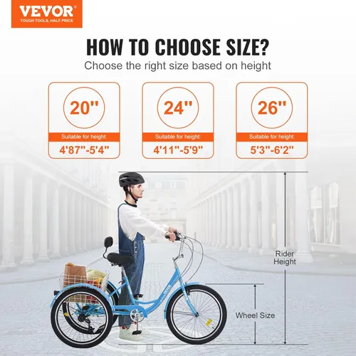 Vista 2 de VEVOR Bicicleta de triciclos para adultos, triciclos para adultos de 7 velocidades, bicicletas de tres ruedas de 20 pulgadas, bicicleta de crucero