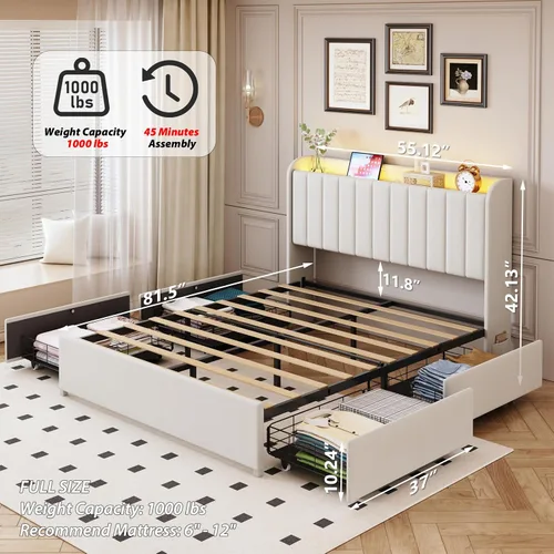 Vista 2 de Marco de cama completa con 4 cajones y cabecera de almacenamiento, marco de cama de plataforma tapizada tamaño completo con luces LED y práctica