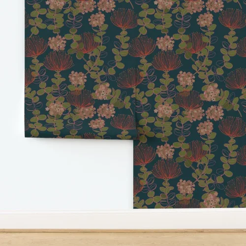 Vista 4 de Muestro de papel tapiz extraíble, diseño botánico oscuro hawaiano, flores florales hawaianas, color rojo, verde azulado, tropical mojado, papel