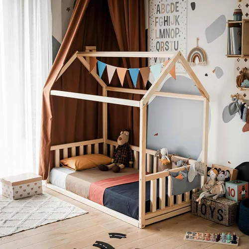 Vista 7 de Cama de casa Montessori para niños, Cama de piso para niños pequeños con rieles, Cama baja para niños pequeños, Cama de cabaña para niños, Cama