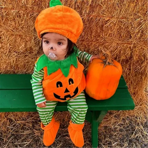Vista 2 de Disfraz de calabaza de Halloween para bebé, niña y niño, con gorro
