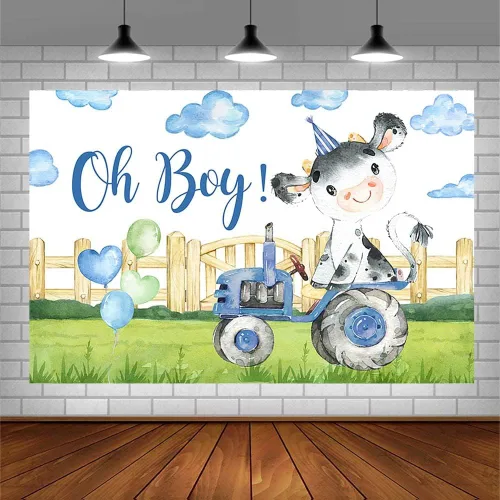 Vista 3 de Sendy Telón de fondo de baby shower de vaca sagrada de 7 x 5 pies para niño Oh Baby Farm temática de decoración de fiesta, suministros de hierba