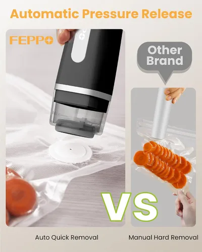 Vista 3 de Máquina selladora al vacío FEPPO para alimentos con tanque de agua visible, máquina selladora al vacío compacta portátil con 30 bolsas reutilizables