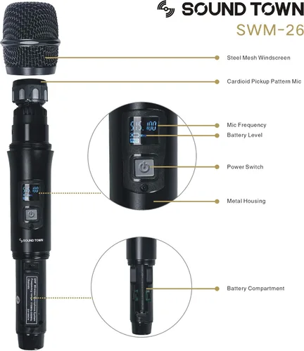 Vista 5 de Sistema Sound Town de micrófono inalámbrico UHF de metal de 200 canales con 2 micrófonos de mano y escaneo automático, para iglesia, escuela, boda