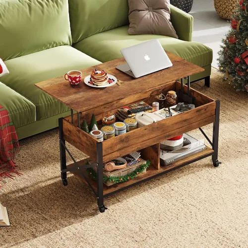 Vista 2 de WLIVE Mesa de Centro, Mesa de Centro Elevable de 41.3" con 4 Ruedas, Compartimento Oculto, Estante de Almacenamiento y Superficie Elevable para Sala