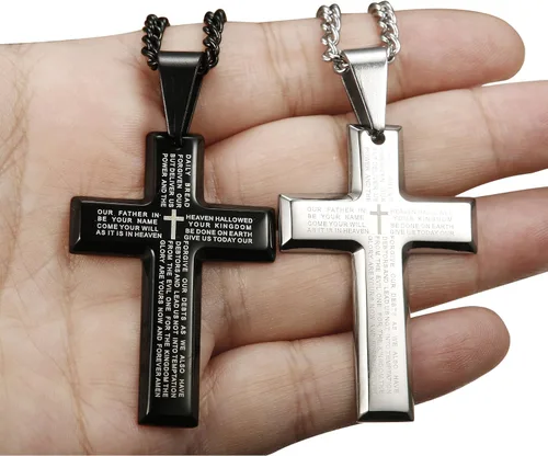 Vista 7 de LOYALLOOK Collar de acero inoxidable para hombre, 24 pulgadas, plata y tono negro con cruz colgante de oración del señor