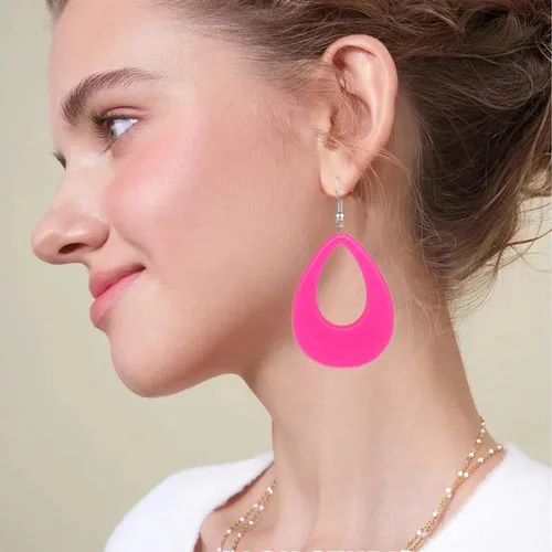 Vista 4 de KaFu Aretes de neón de los años 70 y 80, aretes geométricos ovalados de resina de neón, aretes colgantes de acrílico retro para mujeres y niñas