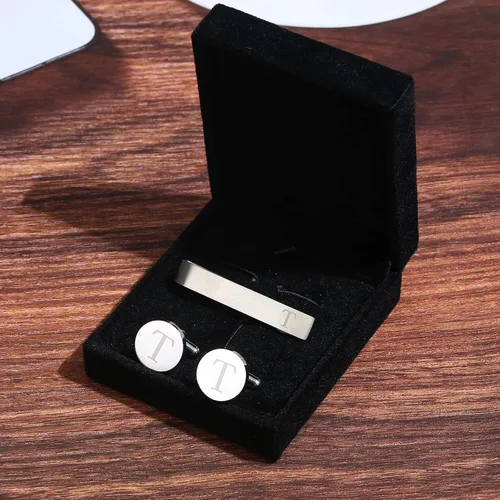 Vista 48 de LOYALLOOK - Gemelos de acero inoxidable grabados con inicial y clip de corbata, diseño de letras del alfabeto con caja de regalo, A-Z