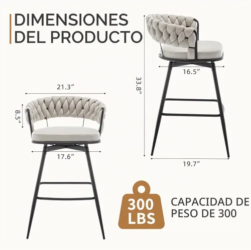 Vista 2 de Canxkun Juego de 2 taburetes de bar de altura de mostrador, sillas de bar modernas de 26 pulgadas con respaldo tejido, taburetes de bar giratorios