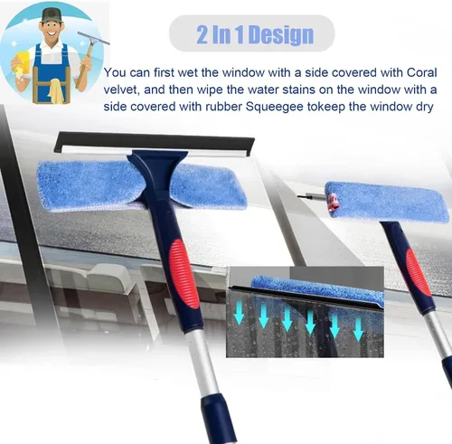 Vista 4 de Bastón extensible de limpieza de ventanas, limpiador de ventana alta 2 en 1, equipo de lavado de ventanas para interiores y exteriores con mango