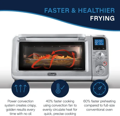Vista 3 de De'Longhi Horno tostador de convección Air Fry digital de encimera 14L de acero inoxidable, horno Air Fry, 9 en 1, parrillas, asados, horneado