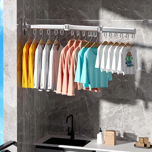 Vista 4 de YSUEFIJO Perchero de ropa montado en la pared, estante retráctil para secar ropa, estante plegable para colgar ropa, estante para ropa que ahorra