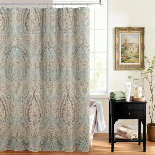 Vista 12 de Cortina de ducha de tela negra y beige, cortina de ducha con estampado de medallón vintage, cortina de baño decorativa impermeable, 72 pulgadas