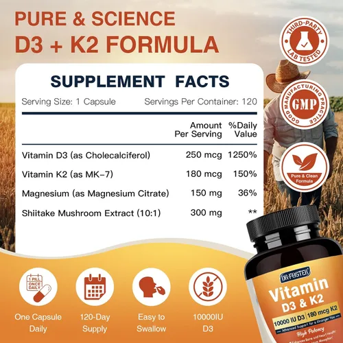 Vista 2 de DRFOSTER Vitamina D3 K2, 10000 UI D3 + 180 mcg K2, 120 cápsulas