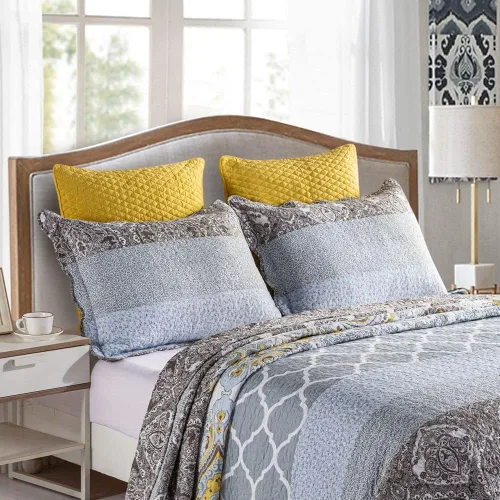 Vista 2 de YAYIDAY Juego de colcha de retazos tamaño Queen – 100% algodón reversible, transpirable, gris, acolchado con fundas de almohada para todas
