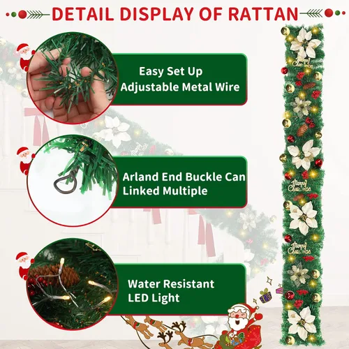 Vista 4 de JUNEBRUSHS Guirnalda de Navidad de 9 pies con luces, guirnalda decorativa con 50 luces LED, funciona con pilas, ratán verde artificial preiluminado