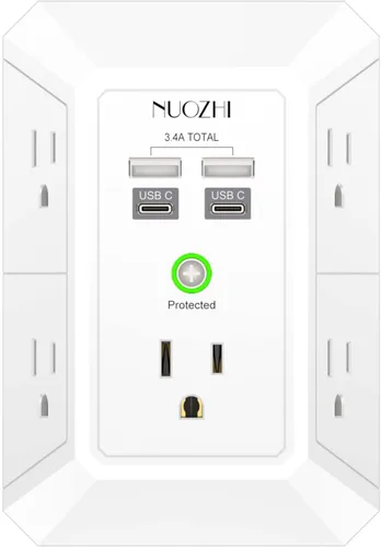 Vista 11 de Cargador de pared, protector de sobretensiones, extensor de 5 salidas con 4 puertos de carga USB (2USB-C), adaptador de enchufe múltiple de 3 lados