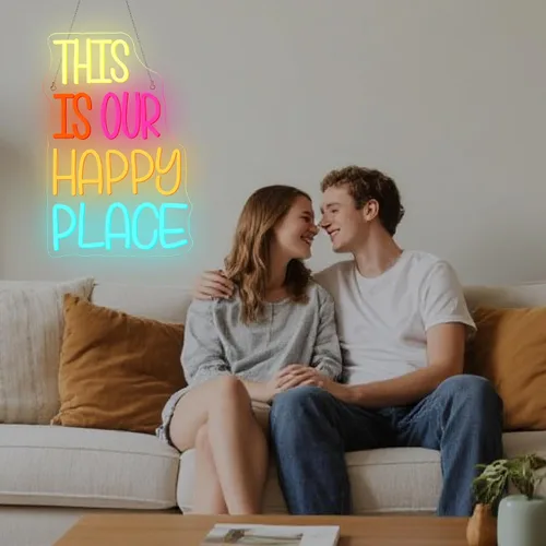 Vista 7 de NOSUN Letrero de neón con texto en inglés «This is Our Happy Place» para decoración de pared, letras coloridas y alegres, luces LED de neón con USB