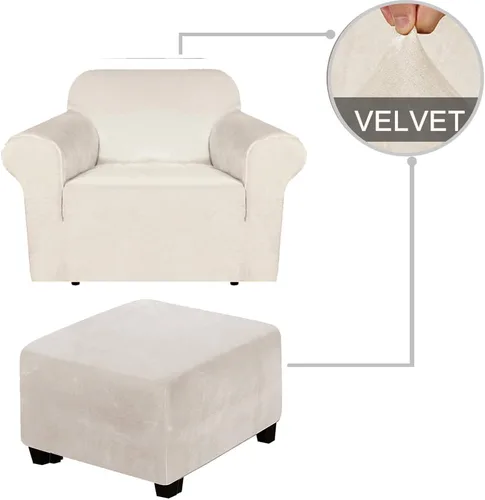 Vista 2 de Andreannie Fundas de terciopelo color crema para sillón, fundas de sofá para sillón, paquete de fundas otomanas (crema)