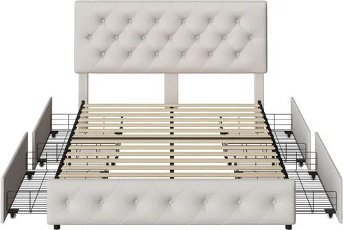 Vista 8 de TTVIEW Base de cama de tamaño matrimonial con 4 cajones de almacenamiento y cabecera ajustable, plataforma tapizada con diseño capitoné, soporte