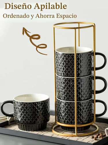 Vista 3 de Gomakren - Juego de 4 tazas de café apilables de 13 onzas con soporte, color negro