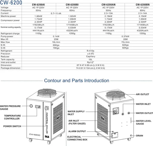 Vista 4 de S&A Enfriador de agua industrial genuino CW-6200AI para tubo láser de metal Co2, tubo láser de vidrio de CO2, husillo CNC, semiconductor, estado