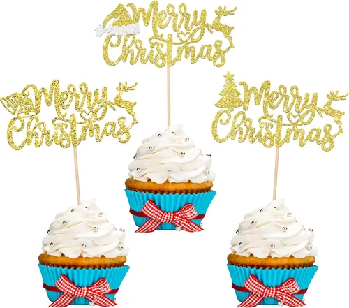 Vista 26 de Paquete de 24 Adornos Navideños Oh Baby para Cupcakes con Sombrero de Navidad con Purpurina, Palillos de Comida para Baby Shower para Niños y Niñas