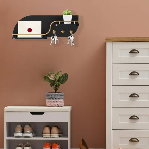 Vista 2 de Soporte para llaves de pared, organizador decorativo de llaves y correo con 3 ganchos de metal y 2 estantes, estante de llaves de madera montado
