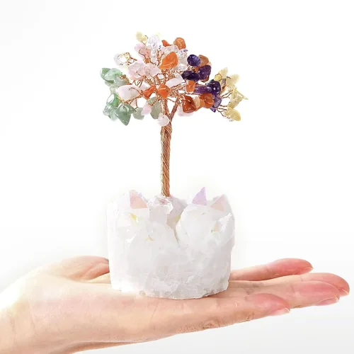 Vista 7 de KALIFANO Amatista natural (más de 100 piedras preciosas!) Árbol de cristal de chakra con base de racimo de cuarzo, árbol de dinero bonsái Feng Shui