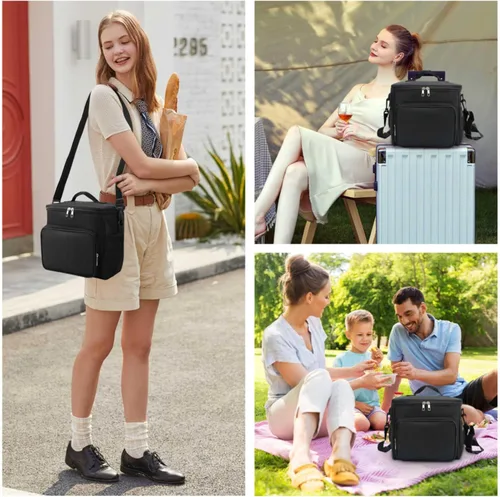 Vista 7 de Lonchera térmica para mujeres y hombres – Lonchera grande reutilizable para el trabajo, oficina, picnic, senderismo, playa, a prueba de fugas, Negro